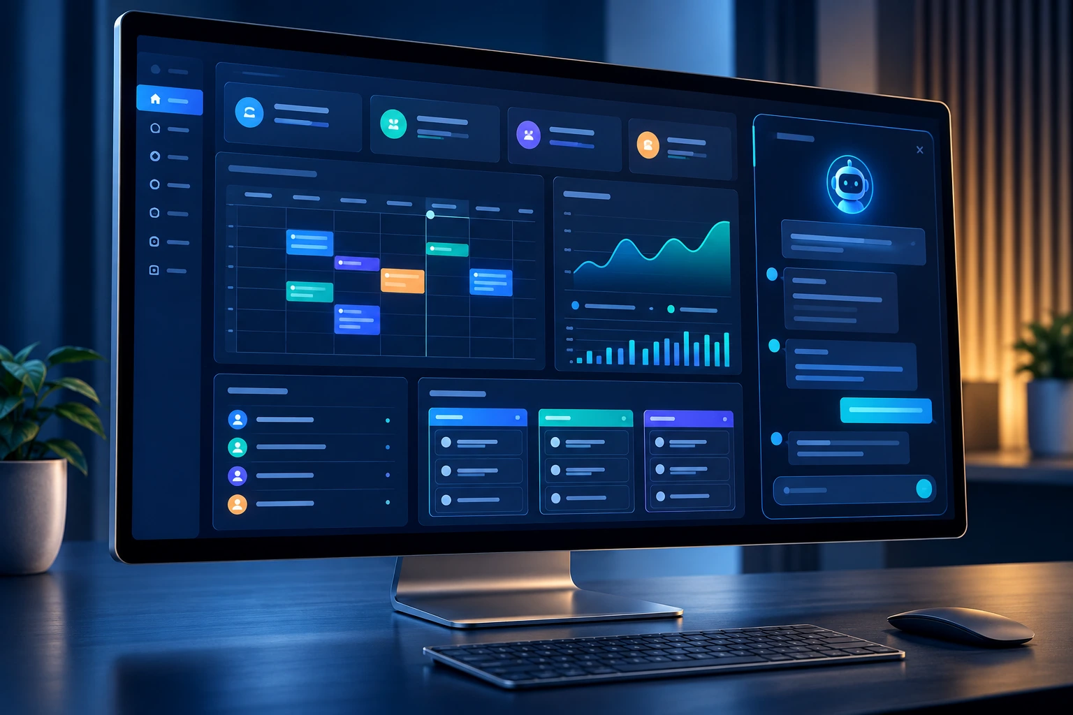 Illustration of a web application dashboard with appointments, analytics, an AI assistant, customer portal, and billing modules